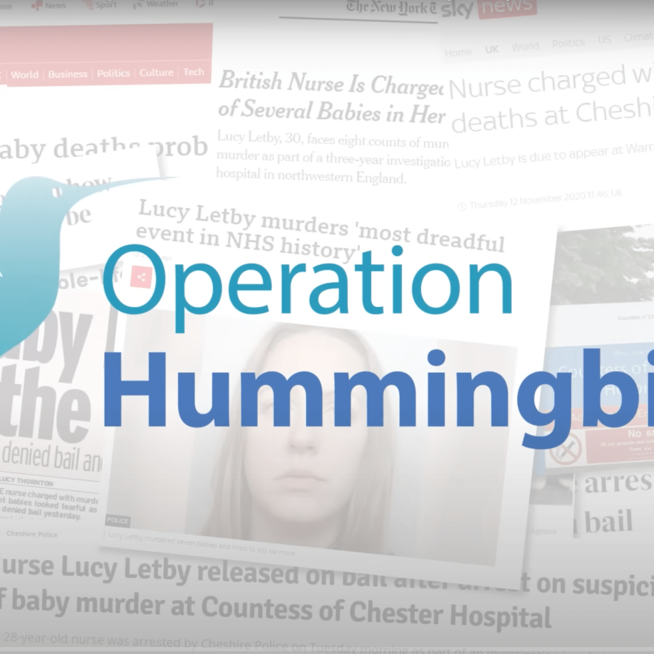 Screenshot from YouTube which shows an illustration of a hummingbird to the left of the words operation hummingbird. These overlay a selection of news articles and headlines about Lucy Letby.